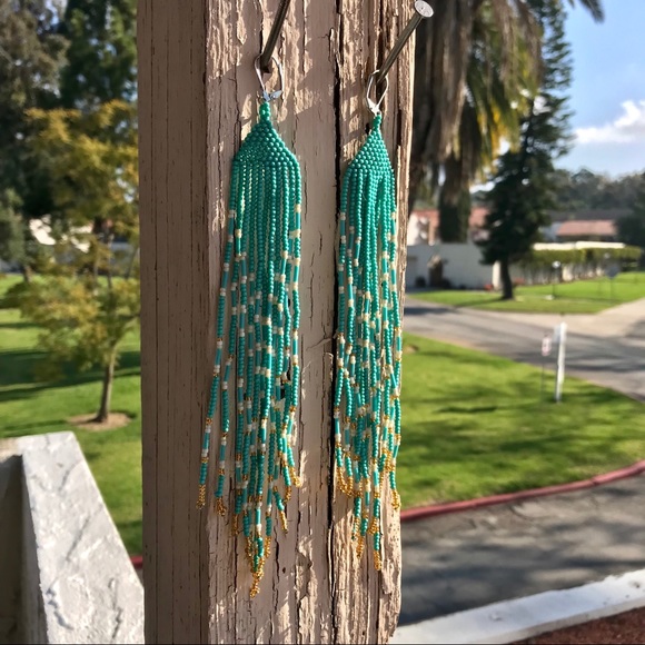 Handmade Turquoise Beaded Boho Long Earrings - Picture 3 of 6